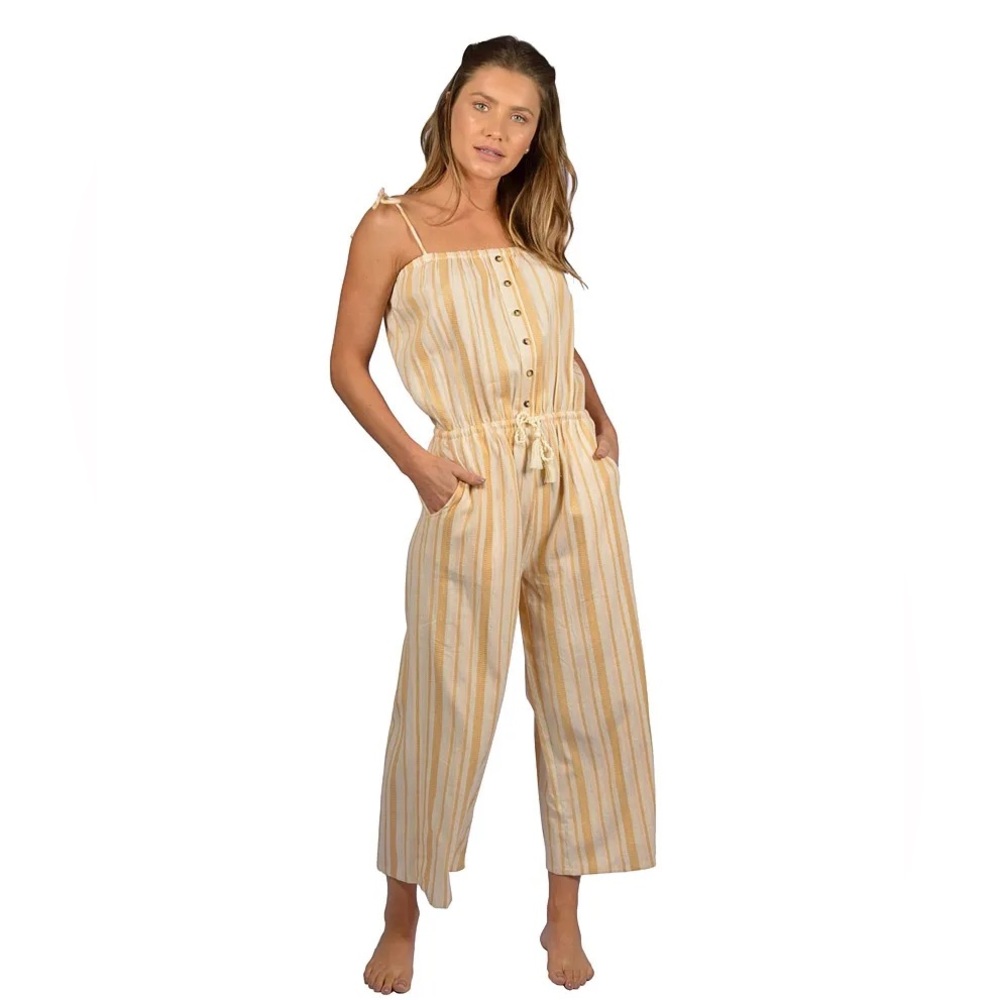 Rip Curl Island Time Striped Beige Wide-legg Cropped-length Tie Straps Jumpsuit